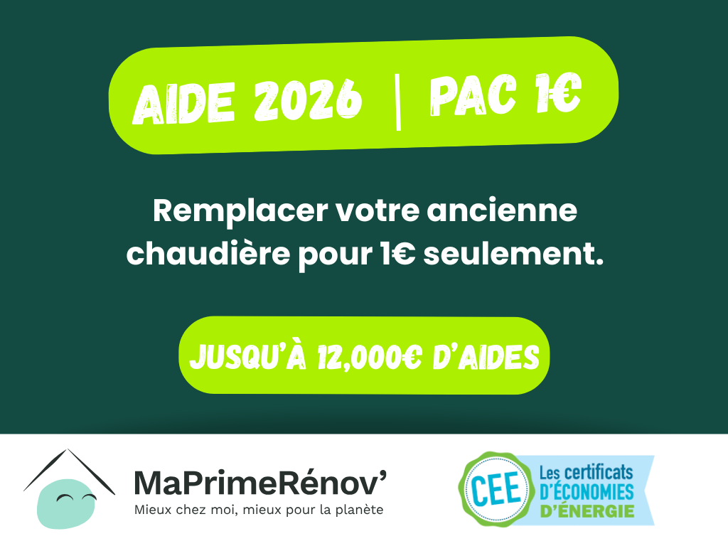 Bannière promotionnelle « Aide 2026 – PAC 1€ » pour remplacement de chaudière avec mention jusqu’à 12 000 € d’aides, logos MaPrimeRénov’ et CEE en bas.